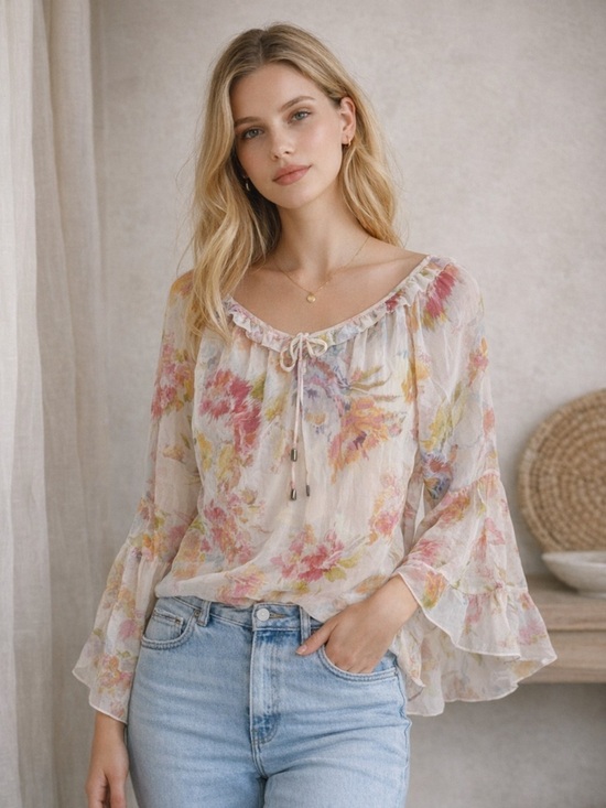 Zara Tops - Zara Sheer Floral Peasant Blouse Bell Sleeve Boho Tie Neck Top Women’s M